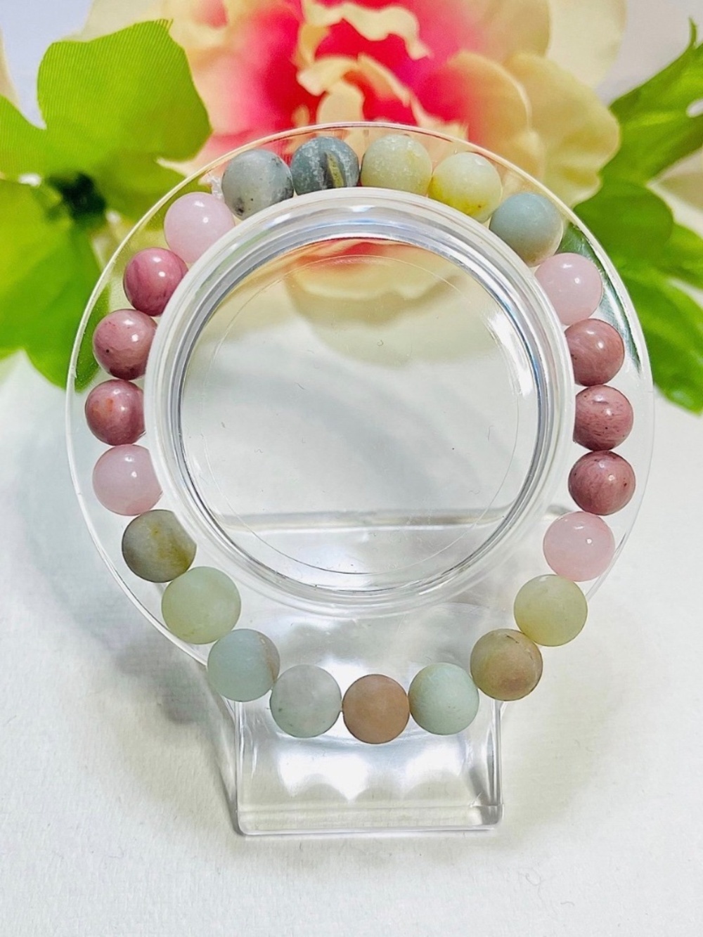 Pastel Natural Stone Stretch Beaded Bracelet | Pink & Amazonite Tones | Boho Gem